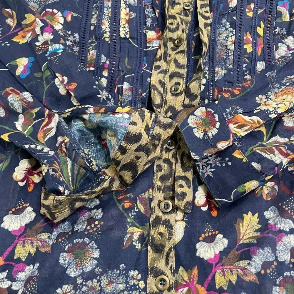 Women Anthropologie Pilcro Ladder Lace Floral Tunic Blouse in Navy Blue Small - Picture 5 of 14
